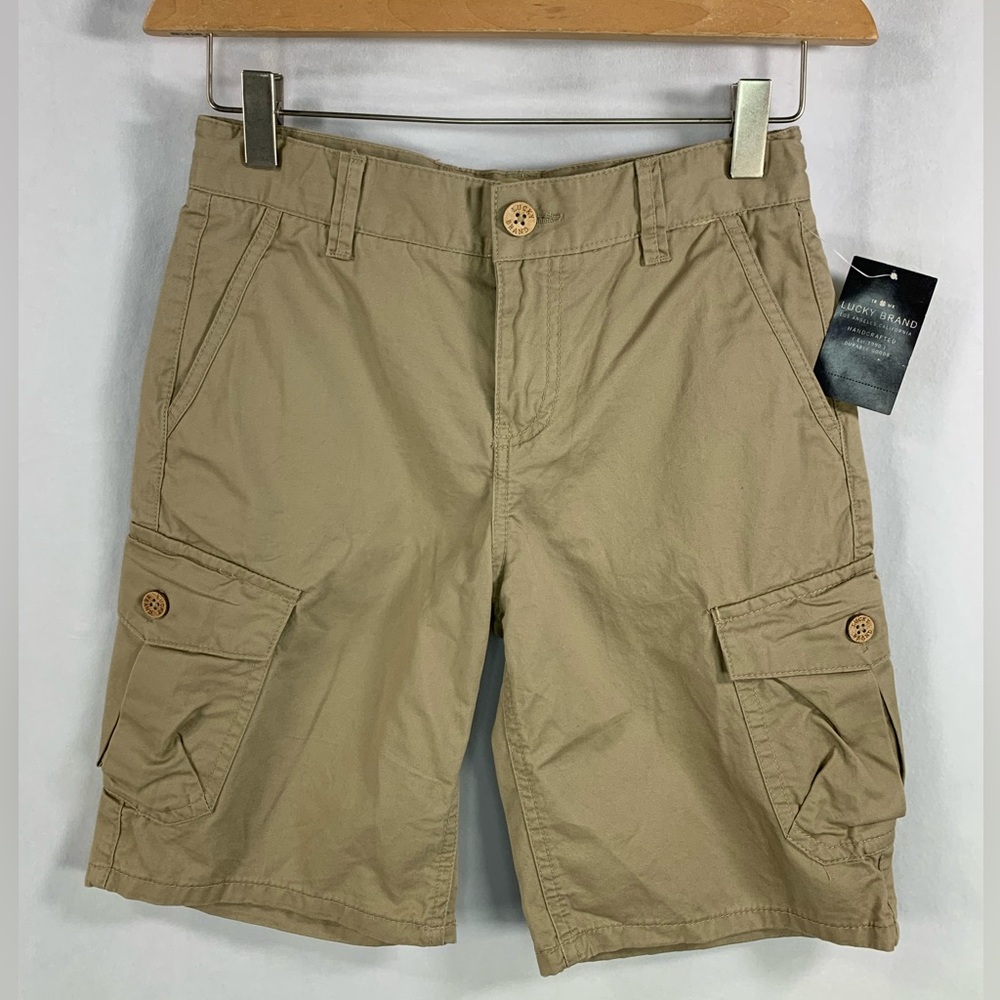 Lucky Brand Flat Front Cargo Shorts Khaki 6 Pockets Adjustable Waist Size 10 NWT